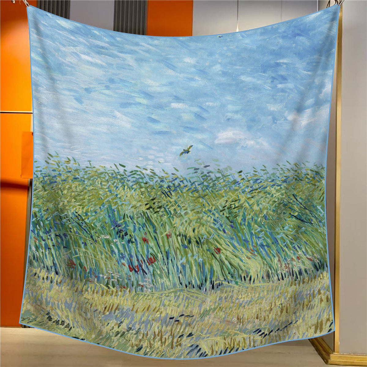 A Wheat Field With Larks Elegant Artistry Shawl Large 130Cm Square Scarf Oil Painting Print & Hand Rolled Hem Scarves & Wraps