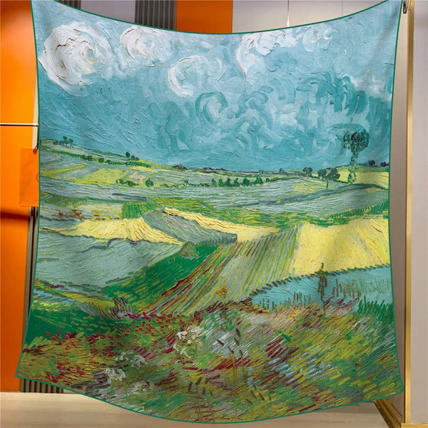 Wheat Fields Under Dark Clouds Elegant Artistry Shawl Large 130Cm Square Scarf With Oil Painting Print & Hand Rolled Hem Scarves & Wraps