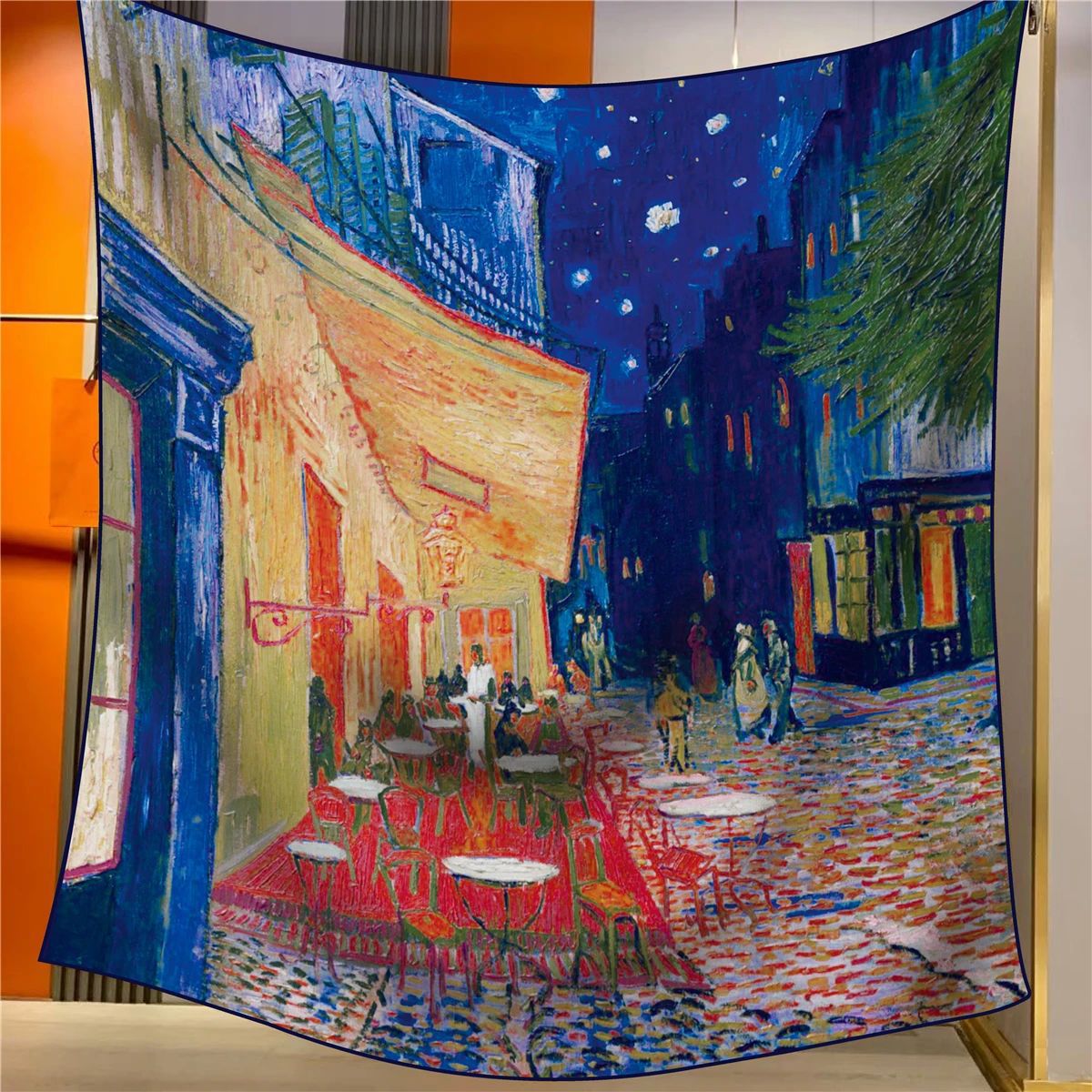 Coffee House Elegant Artistry Shawl Large 130Cm Square Scarf With Oil Painting Print & Hand Rolled Hem Scarves & Wraps