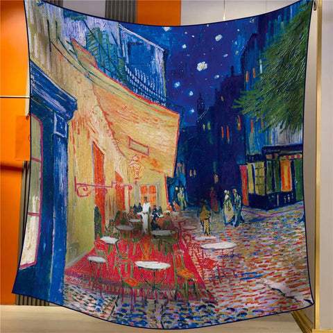 Coffee House Elegant Artistry Shawl Large 130Cm Square Scarf With Oil Painting Print & Hand Rolled Hem Scarves & Wraps