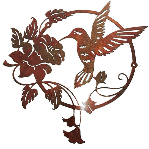 Brown Set Of 2 Round Metal Hummingbird & Flower Sculpture For Indoor Outdoor Decor Wall Art