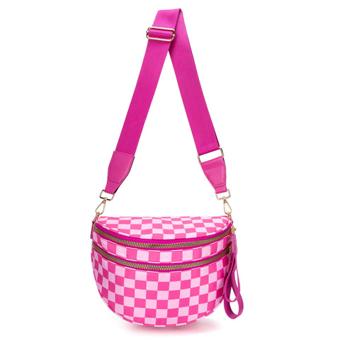 Rose Red Checkered Trendy Sling Bag Women's Crescent Crossbody Purse With Wide Adjustable Strap Women's Bags & Handbags