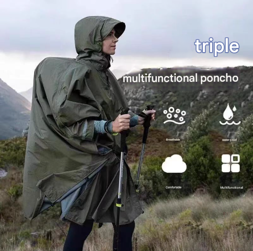 Green 3 In 1 Waterproof Rain Poncho Lightweight Hooded Raincoat Ground Tarp & Emergency Shelter For Hiking Camping And Outdoor Survival Raincoats