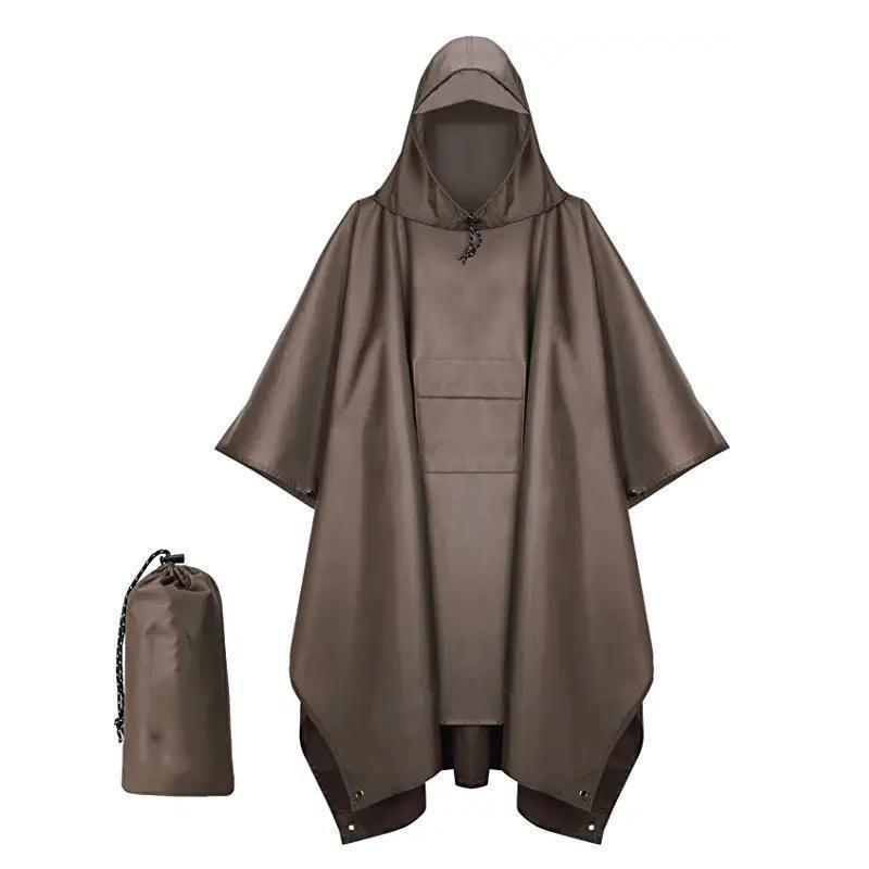 Brown 3 In 1 Waterproof Rain Poncho Lightweight Hooded Raincoat Ground Tarp & Emergency Shelter For Hiking Camping And Outdoor Survival Raincoats