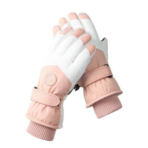 Womens Pink White Color Combination Top Rated Waterproof Touchscreen Ski Fleece Lined Gloves