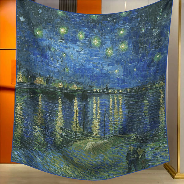 Starry Night Elegant Artistry Shawl Large 130Cm Square Scarf With Oil Painting Print Hand Rolled Hem Scarves & Wraps