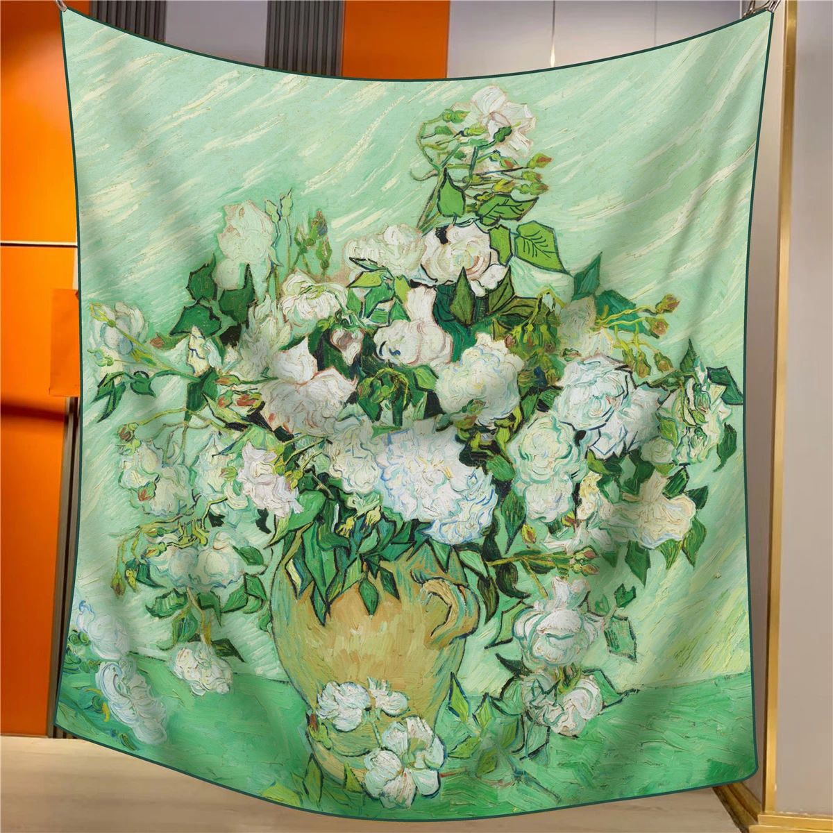 White Roses Elegant Artistry Shawl Large 130Cm Square Scarf With Oil Painting Print & Hand Rolled Hem Scarves & Wraps