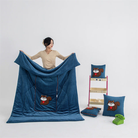 Blue Little Squirrel 2 In 1 Foldable Car Pillow Blanket Cozy 40X40cm Unfolds To 100 150Cm For Travel And Office Naps Blankets