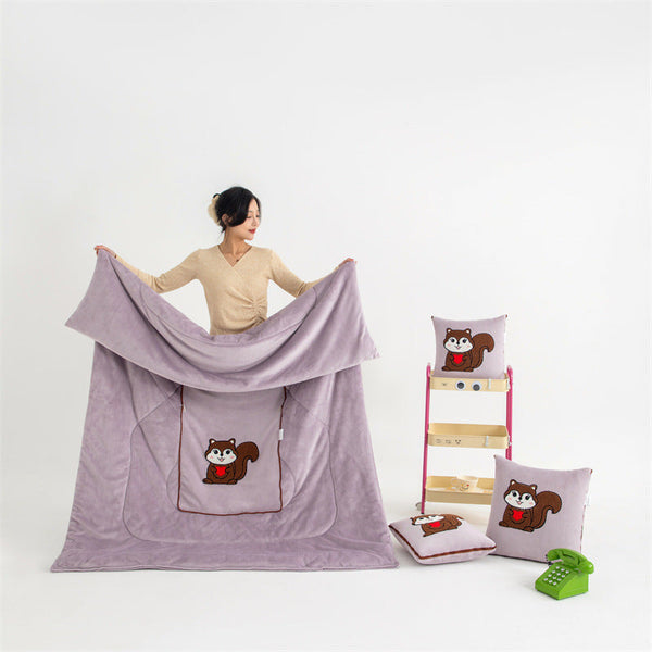 Light Pink Little Squirrel 2 In 1 Foldable Car Pillow Blanket Cozy 40X40cm Unfolds To 100X150cm For Travel And Office Naps Blankets