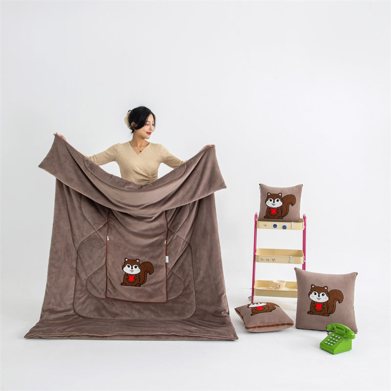Coffee Brown Little Squirrel 2 In 1 Foldable Car Pillow Blanket Cozy 40X40cm Unfolds To 100X150cm For Travel And Office Naps Blankets