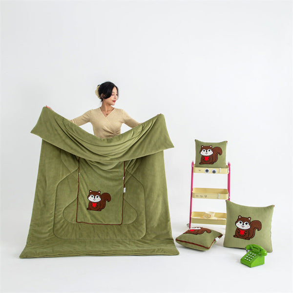 Green Little Squirrel 2 In 1 Foldable Car Pillow Blanket Cozy 40X40cm Unfolds To 100X150cm For Travel And Office Naps Blankets