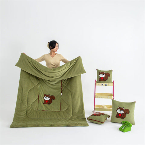 Green Little Squirrel 2 In 1 Foldable Car Pillow Blanket Cozy 40X40cm Unfolds To 100X150cm For Travel And Office Naps Blankets