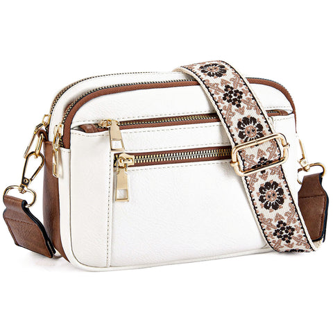 Double Zipper White Brown Chic Quilted Crossbody Bag Vintage Pu Leather Shoulder Purse With Adjustable Strap Women's Bags & Handbags