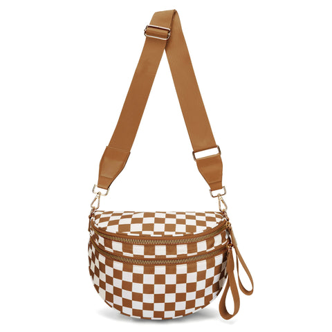 Light Brown Checkered Trendy Sling Bag Women's Crescent Crossbody Purse With Wide Adjustable Strap Women's Bags & Handbags