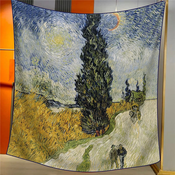 Cypress Tree With Starry Sky Elegant Artistry Shawl Large 130Cm Square Scarf Oil Painting Print & Hand Rolled Hem Scarves & Wraps