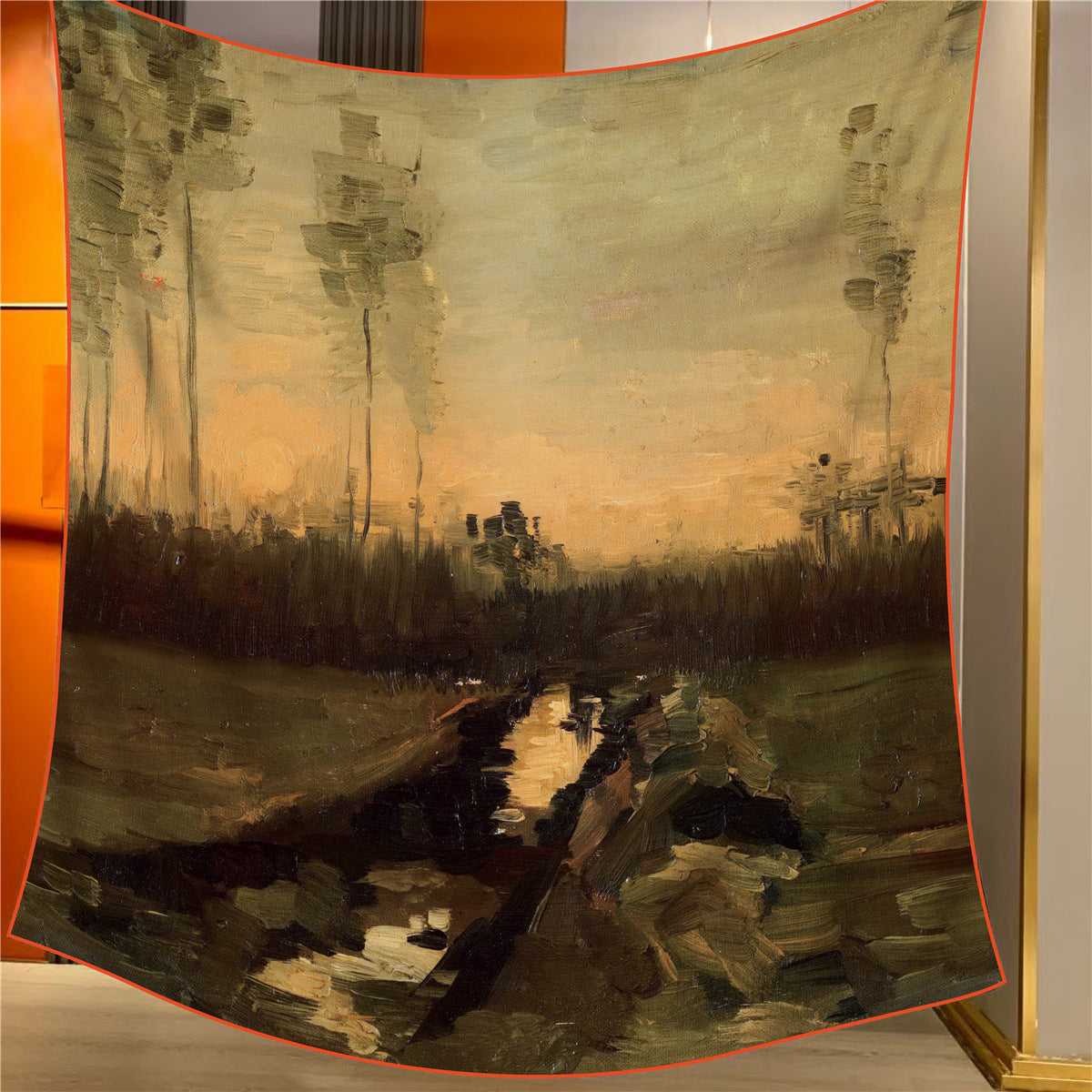 Landscape At Dusk Elegant Artistry Shawl Large 130Cm Square Scarf With Oil Painting Print & Hand Rolled Hem Scarves & Wraps