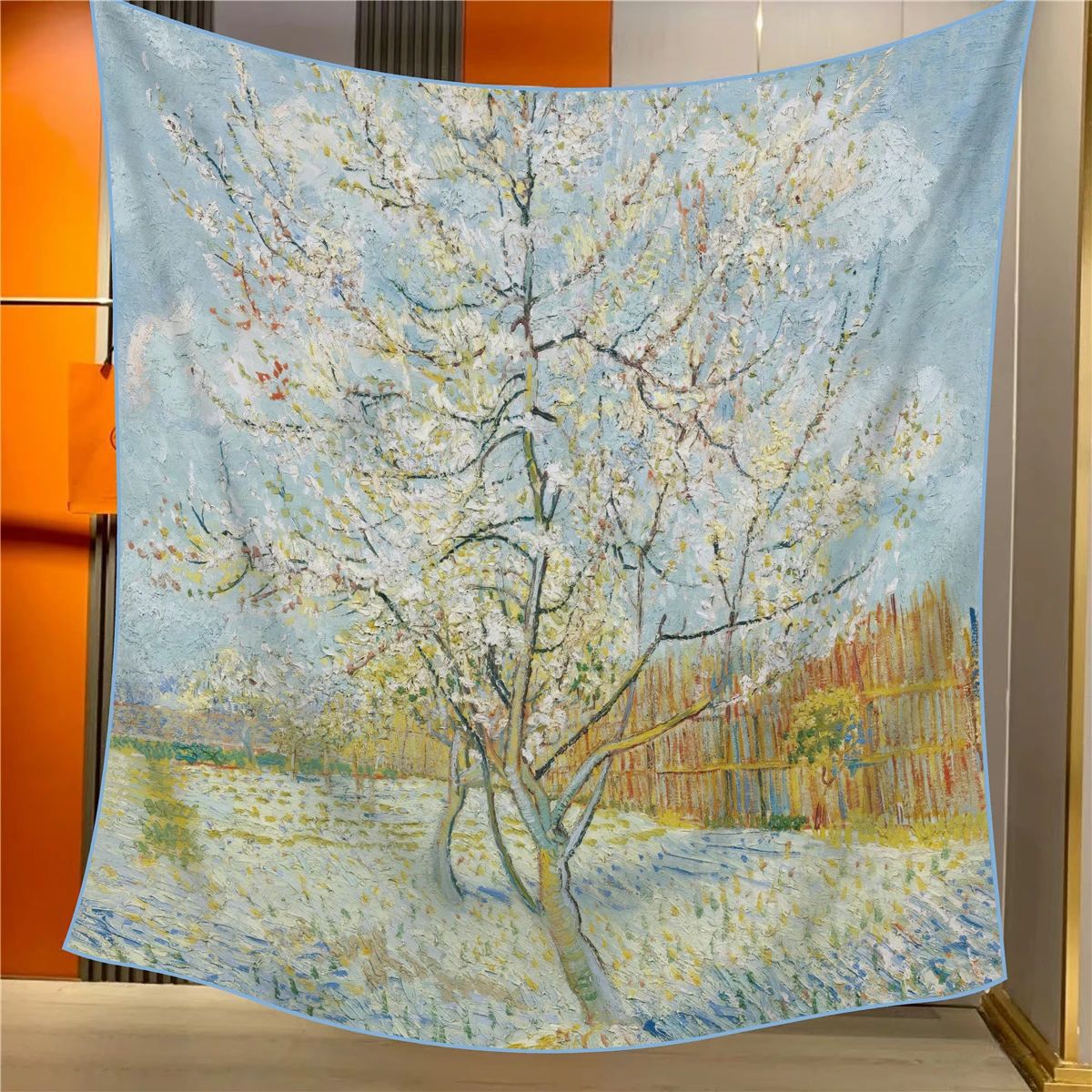 Peach Tree In Bloom Elegant Artistry Shawl Large 130Cm Square Scarf With Oil Painting Print & Hand Rolled Hem Scarves & Wraps