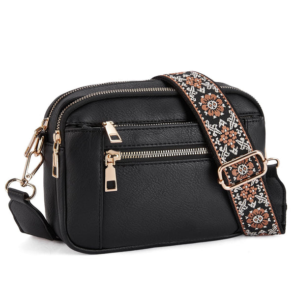 Double Zipper Black Chic Quilted Crossbody Bag Vintage Pu Leather Shoulder Purse With Adjustable Strap Women's Bags & Handbags