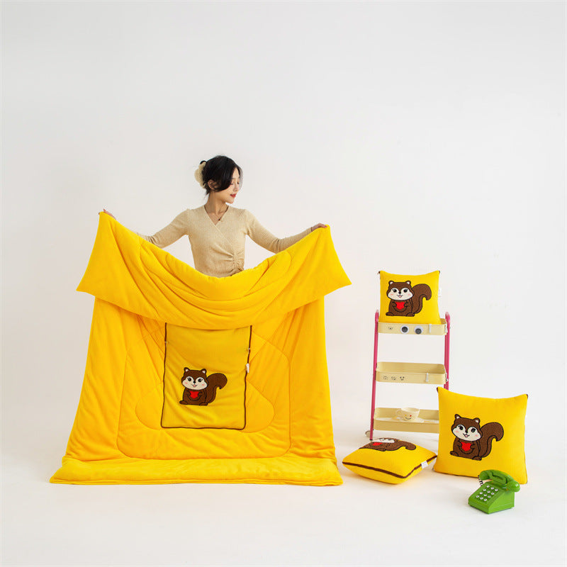 Yellow Little Squirrel 2 In 1 Foldable Car Pillow Blanket Cozy 40X40cm Unfolds To 100X150cm For Travel And Office Naps Pillows
