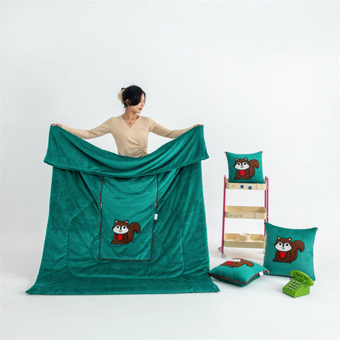 Dark Green Little Squirrel 2 In 1 Foldable Car Pillow Blanket Cozy 40X40cm Unfolds To 100X150cm For Travel And Office Naps Pillows