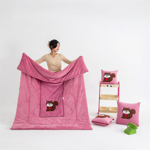 Pink Little Squirrel 2 In 1 Foldable Car Pillow Blanket Cozy 40X40cm Unfolds To 100X150cm For Travel And Office Naps Pillows