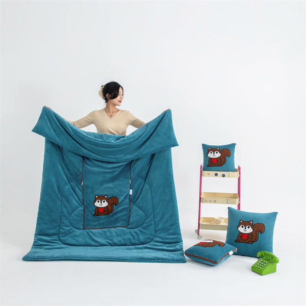 Blue Little Squirrel 2 In 1 Foldable Car Pillow Blanket Cozy 40X40cm Unfolds To 100X150cm For Travel And Office Naps Pillows