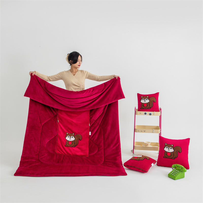 Red Little Squirrel 2 In 1 Foldable Car Pillow Blanket Cozy 40X40cm Unfolds To 100X150cm For Travel And Office Naps Pillows