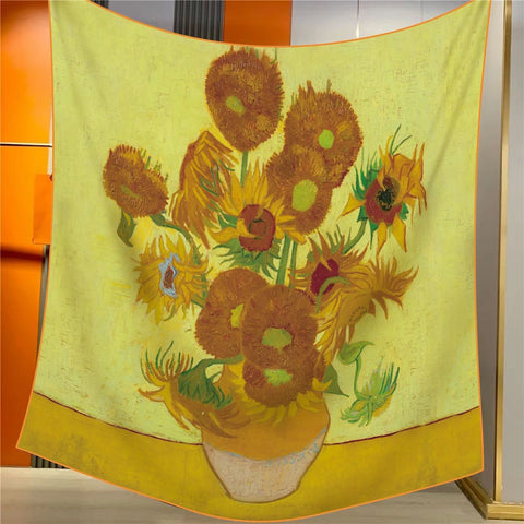 Sunflowers Elegant Artistry Shawl Large 130Cm Square Scarf With Oil Painting Print & Hand Rolled Hem Scarves & Wraps