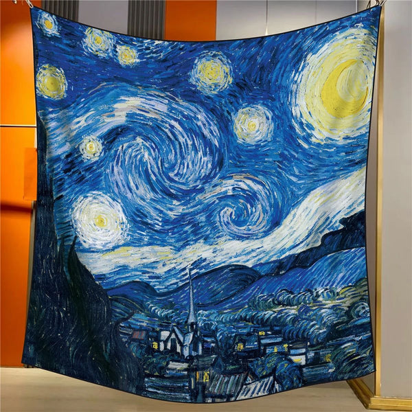 Stars Elegant Artistry Shawl Large 130Cm Square Scarf With Oil Painting Print & Hand Rolled Hem Scarves & Wraps