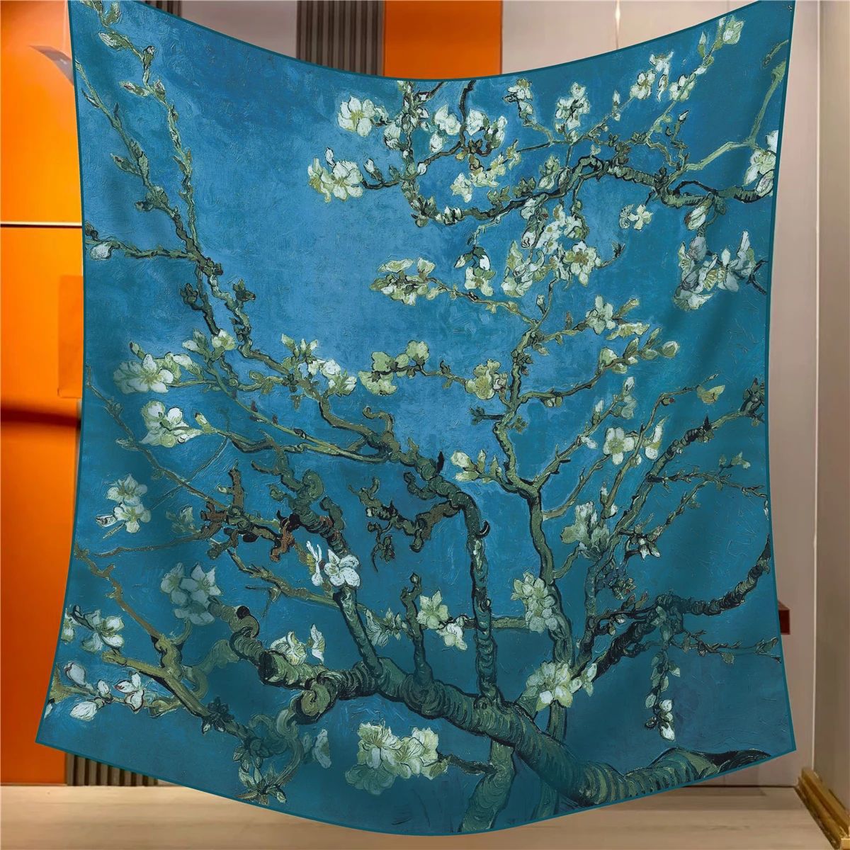 Almonds Elegant Artistry Shawl Large 130Cm Square Scarf With Oil Painting Print & Hand Rolled Hem Scarves & Wraps