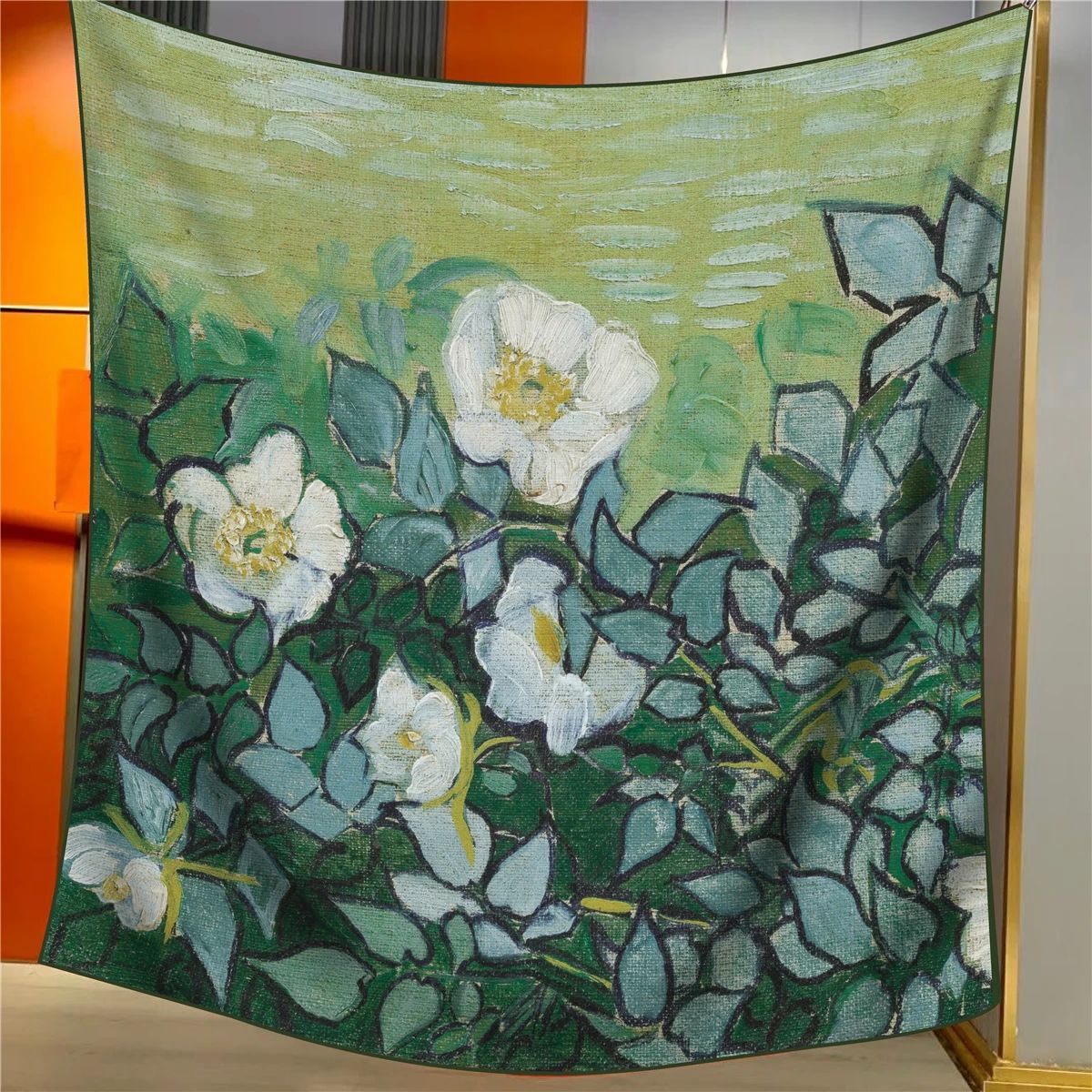 Wild Roses Elegant Artistry Shawl Large 130Cm Square Scarf With Oil Painting Print & Hand Rolled Hem Scarves & Wraps