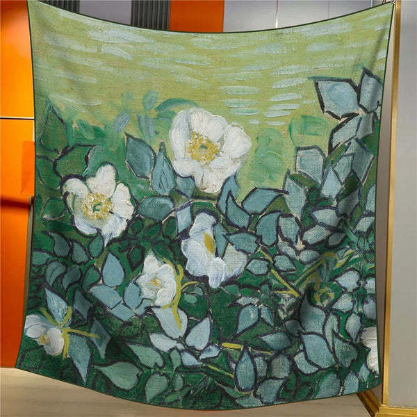 Wild Roses Elegant Artistry Shawl Large 130Cm Square Scarf With Oil Painting Print & Hand Rolled Hem Scarves & Wraps