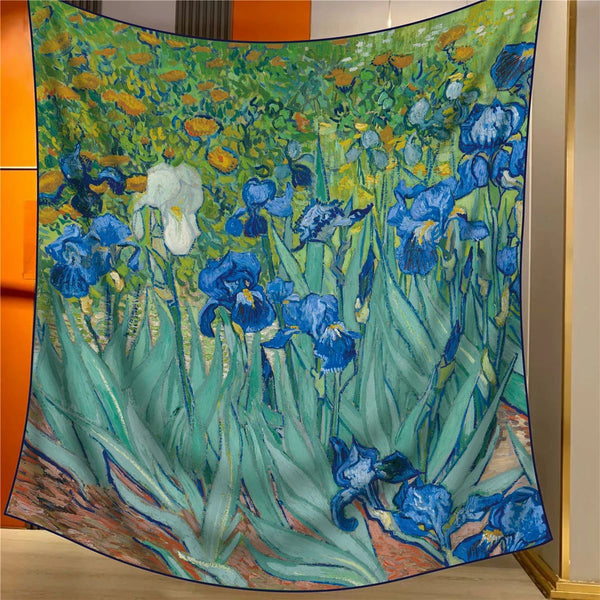 Irises Elegant Artistry Shawl Large 130Cm Square Scarf With Oil Painting Print & Hand Rolled Hem Scarves & Wraps