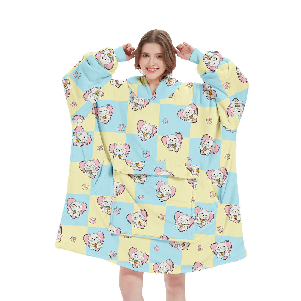 Lovely Cat Pattern Oversized Wearable Blanket Hoodie Ultra Soft & Cozy Snuggle Pullover For Adults Blankets