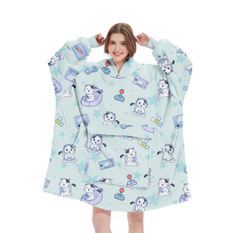 Blue Pattern Oversized Wearable Blanket Hoodie Ultra Soft & Cozy Snuggle Pullover For Adults Blankets