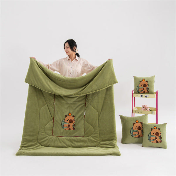 Green Kapybara 2 In 1 Foldable Car Pillow Blanket Cozy 40X40cm Unfolds To 100X150cm For Travel And Office Naps Pillows
