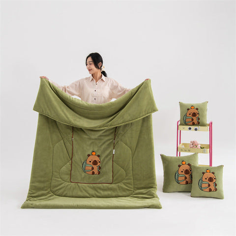 Green Kapybara 2 In 1 Foldable Car Pillow Blanket Cozy 40X40cm Unfolds To 100X150cm For Travel And Office Naps Pillows