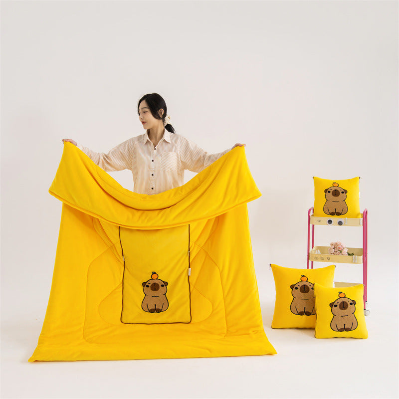 Yellow Kapybara 2 In 1 Foldable Car Pillow Blanket Cozy 40X40cm Unfolds To 100X150cm For Travel And Office Naps Pillows