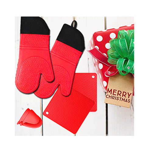 Red Set Bpa Free Non Slip Silicone Oven Mitts Heat Resistant Gloves With Honeycomb Pattern For Kitchen Safety Oven Mitts & Potholders