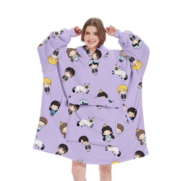 Purple Cartoon Oversized Wearable Blanket Hoodie Ultra Soft & Cozy Snuggle Pullover For Adults Blankets