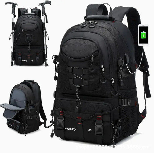 Black 40L Large Capacity Travel Backpack Water Resistant Hiking Rucksack With Usb Charging Port Backpacks