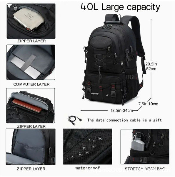 Black 40L Large Capacity Travel Backpack Water Resistant Hiking Rucksack With Usb Charging Port Backpacks
