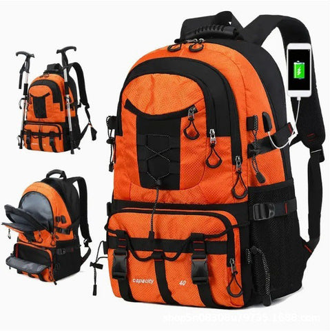 Orange 40L Large Capacity Travel Backpack Water Resistant Hiking Rucksack With Usb Charging Port Rucksacks