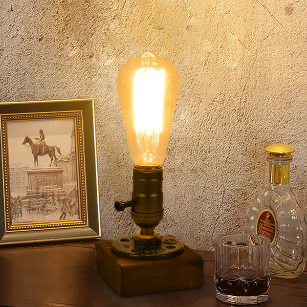 Rustic Industrial Table Lamp Vintage Wooden Base Accent Light Lamps