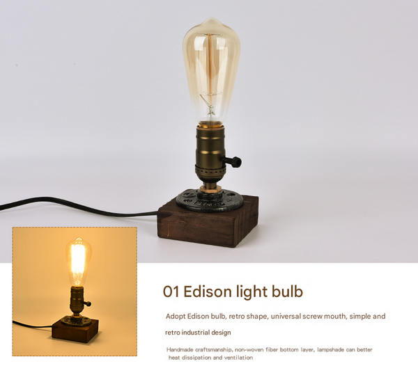 Rustic Industrial Table Lamp Vintage Wooden Base Accent Light Lamps