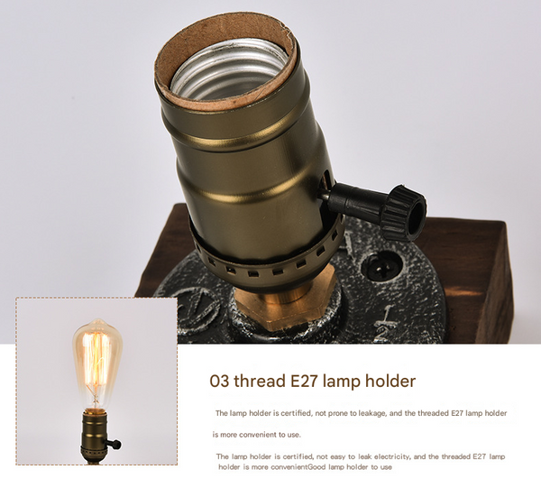 Rustic Industrial Table Lamp Vintage Wooden Base Accent Light Lamps