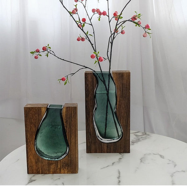 Modern Sculptural Wood And Glass Vase For Home Decor Vases