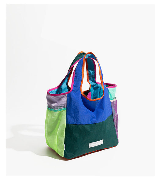 Green Vibrant Colorblock Foldable Tote Bag Lightweight Reusable Shopping Shoulder Reusable Shopping Bags