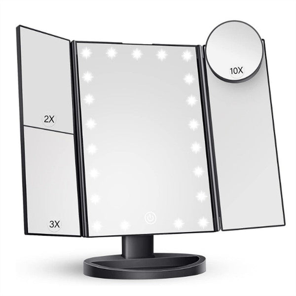 Black Led Lighted Tri Fold Vanity Mirror With 2X/3X/10X Magnification Makeup Mirrors