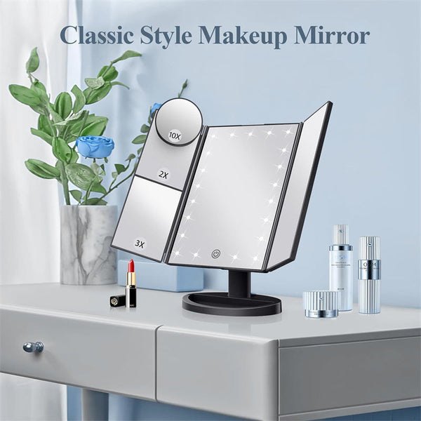 Black Led Lighted Tri Fold Vanity Mirror With 2X/3X/10X Magnification Makeup Mirrors